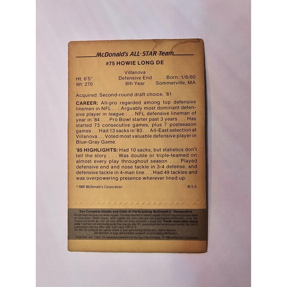 Collectible Vintage McDonalds Football Card #75 Howie Long NFL Raiders 1986 - Picture 2 of 2